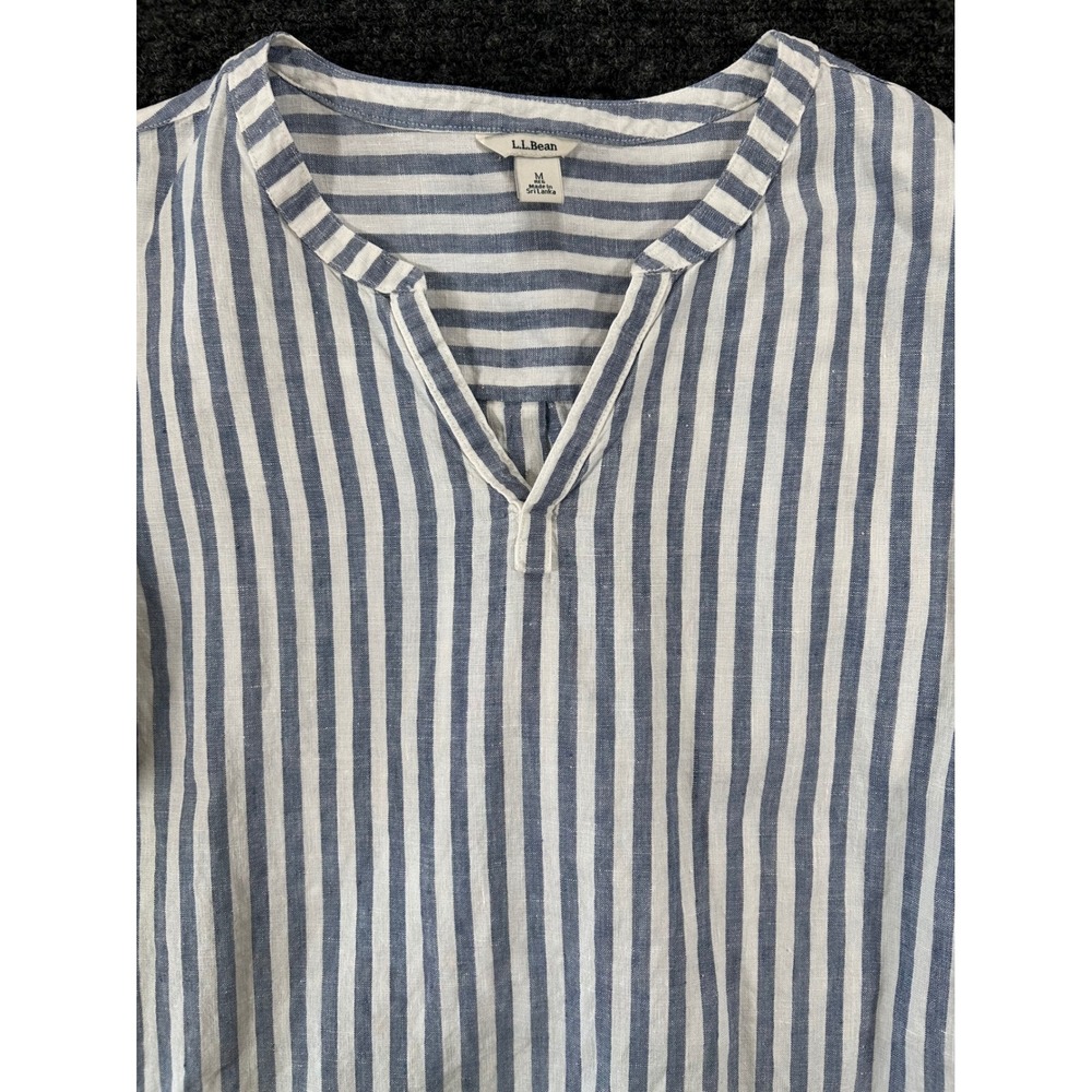 L.L. Bean Boho Women‎ Blue White Striped 100% Linen Split Neck Tunic Blouse M